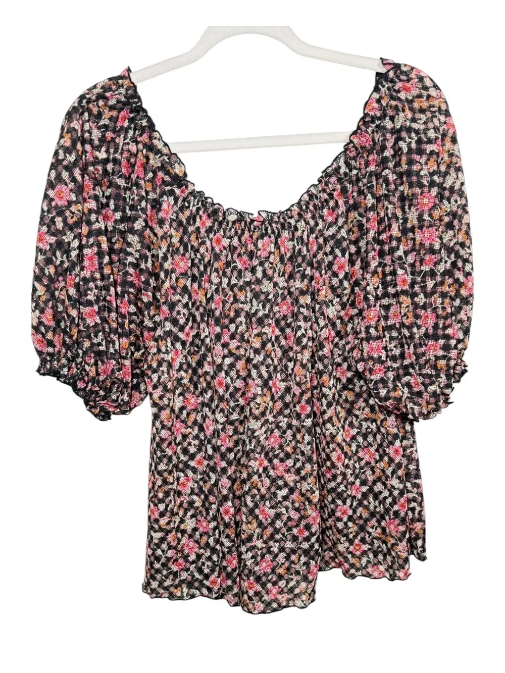 Free People NWT $78 puff sleeve sheer floral top size Large
